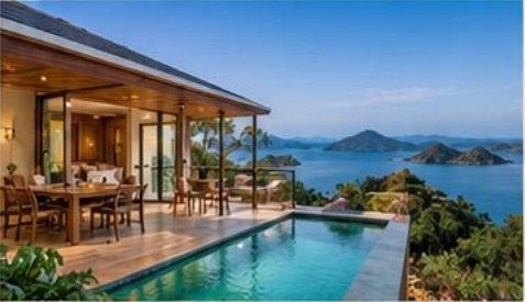 Teras villa menghadap kepulauan
